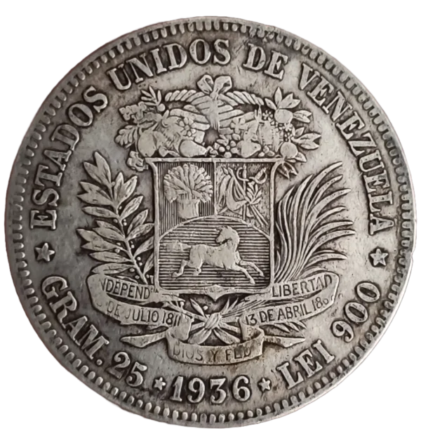 5 Bolívares Venezuela 1936 MBC+ - Imagen 2