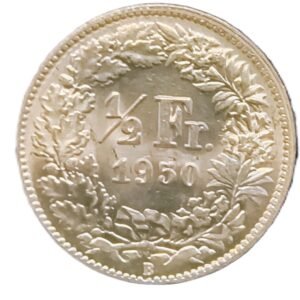 1/2 Francs Suiza 1950 AU/EBC+ reverso