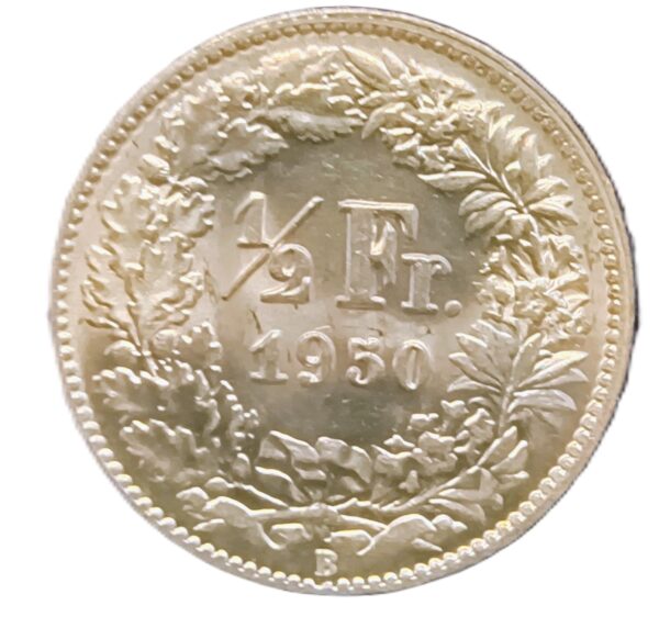 1/2 Francs Suiza 1950 AU/EBC+ - Imagen 2