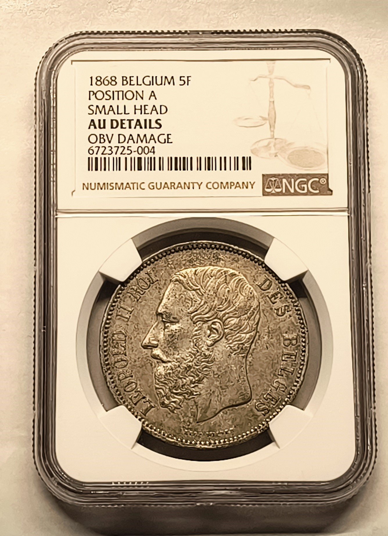 5 Francos Bélgica 1868 – Leopoldo II – Small Head – NGC AU Details · Plata 0,900 · ArgentumSun — Vista 2