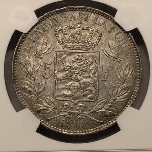 5 Francos Bélgica 1868 – Leopoldo II – Small Head – NGC AU Details reverso