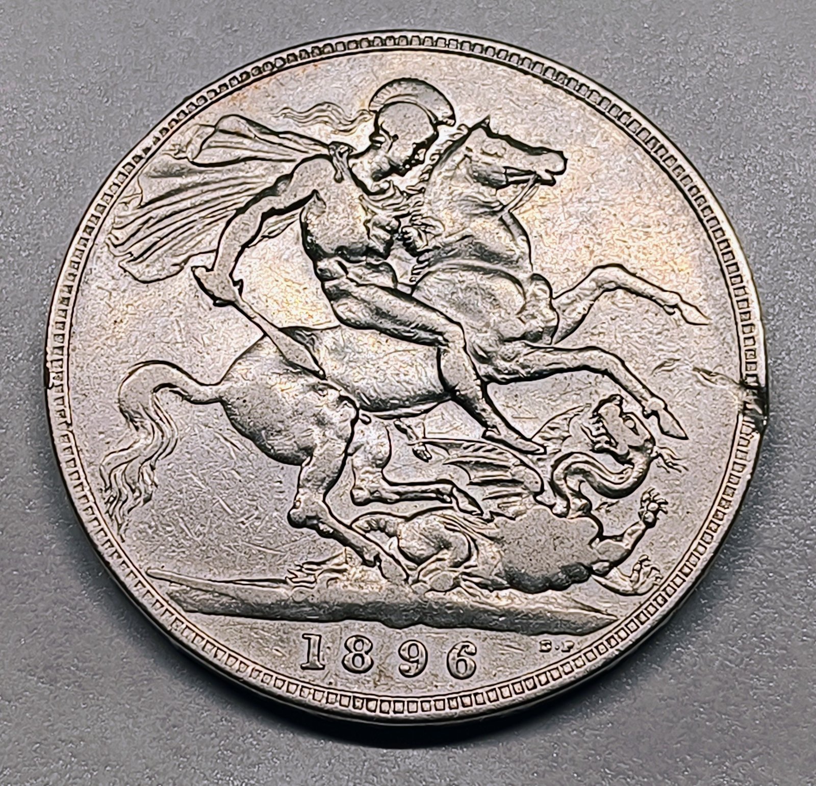 Crown Gran Bretaña 1896 — Reina Victoria Old Head — Plata 925 — San Jorge y el Dragón · Plata 0,925 · ArgentumSun — Reverso