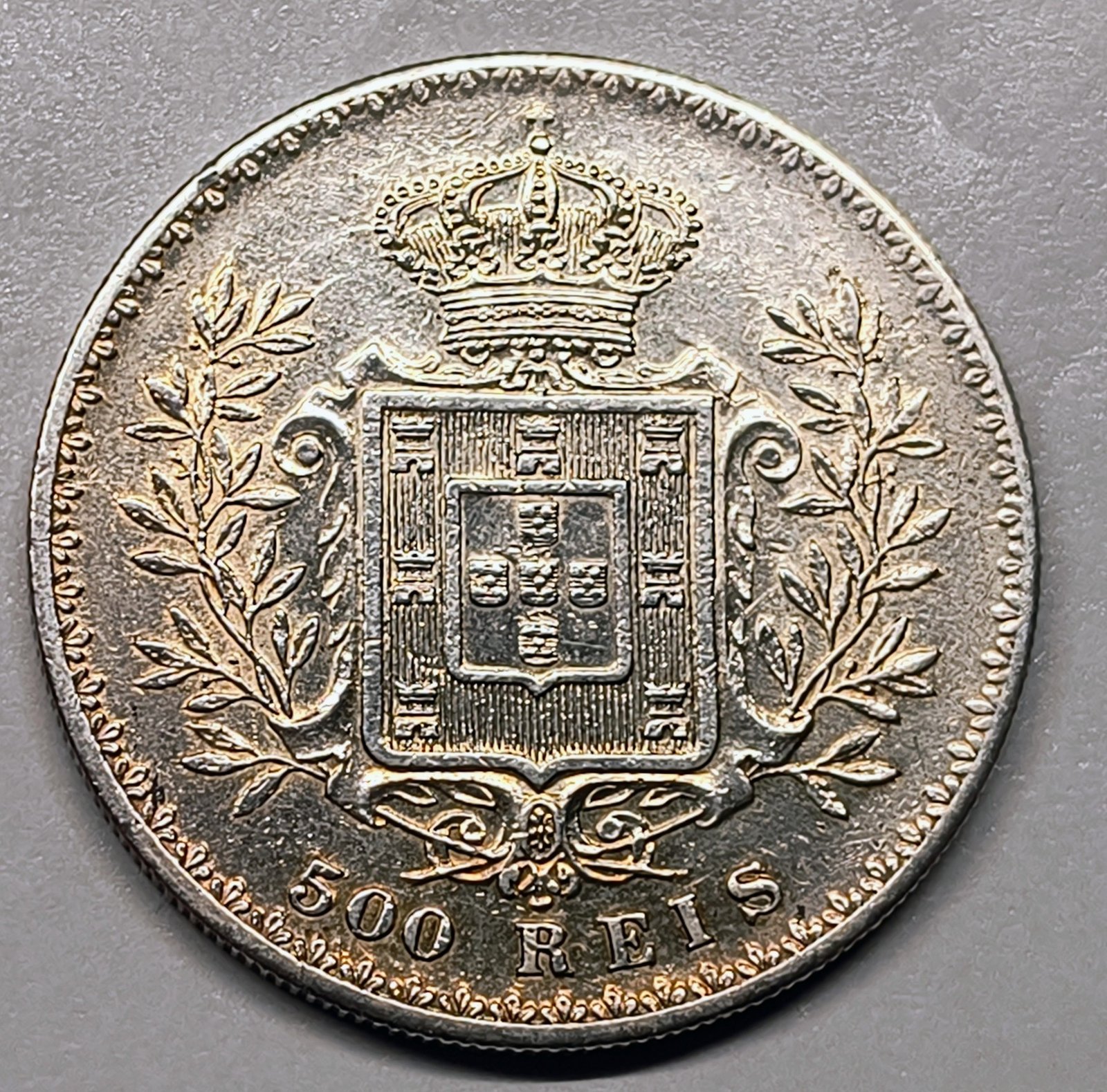 500 Réis Portugal 1891 – Carlos I – · Plata 0,917 · ArgentumSun — Reverso