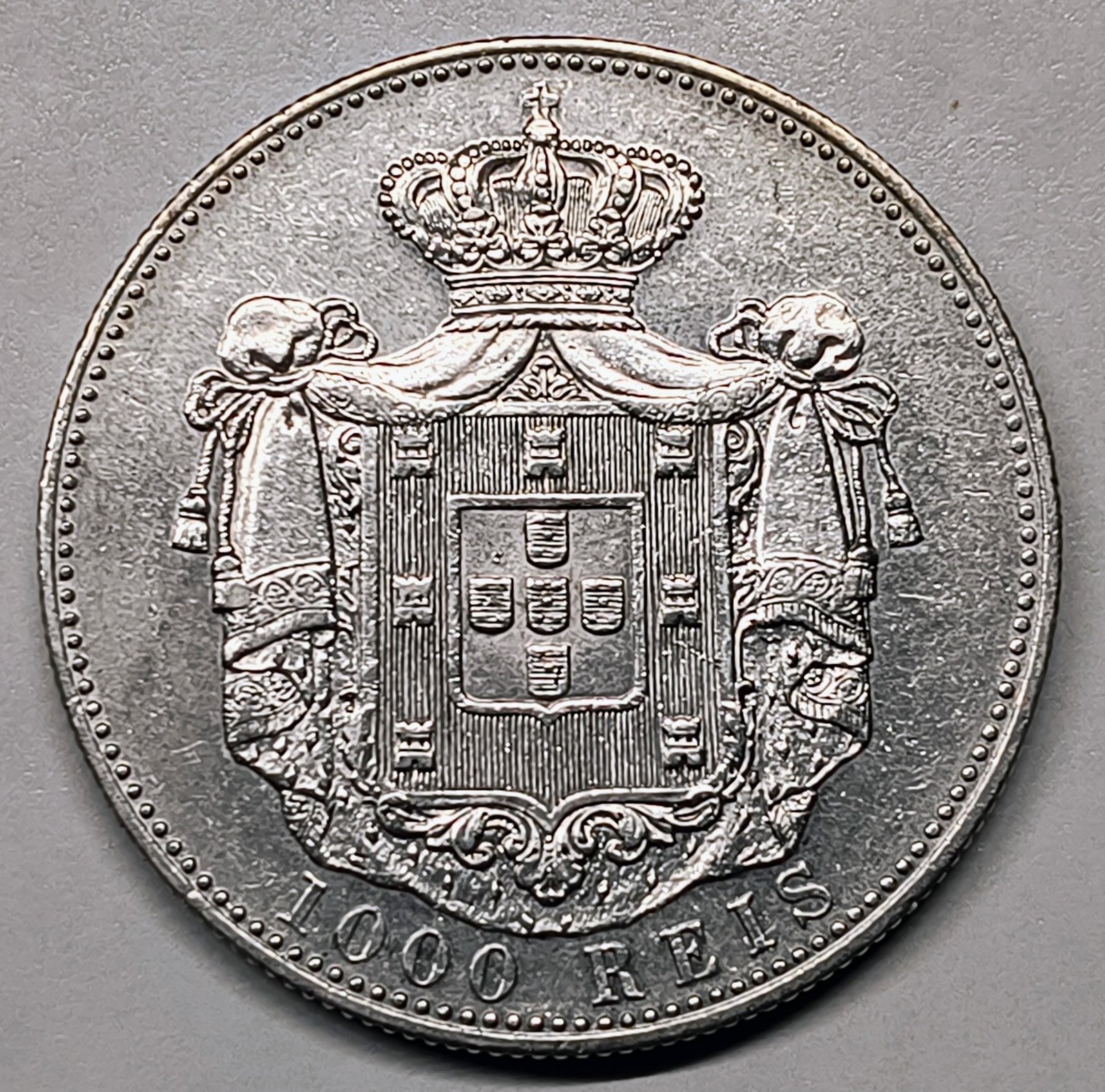 1000 Réis Portugal 1899 – Carlos I · Plata 0,917 · ArgentumSun — Reverso