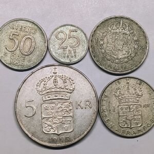 Lote Monedas Plata Suecia 25 Ore 50 Ore 1 Krona 5 Kronor 1946-1955 reverso